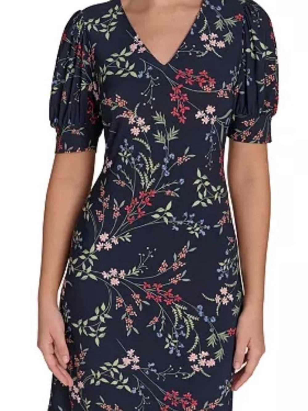Tommy Hilfiger Navy Floral V-Neck Midi Dress with Puff Sleeves